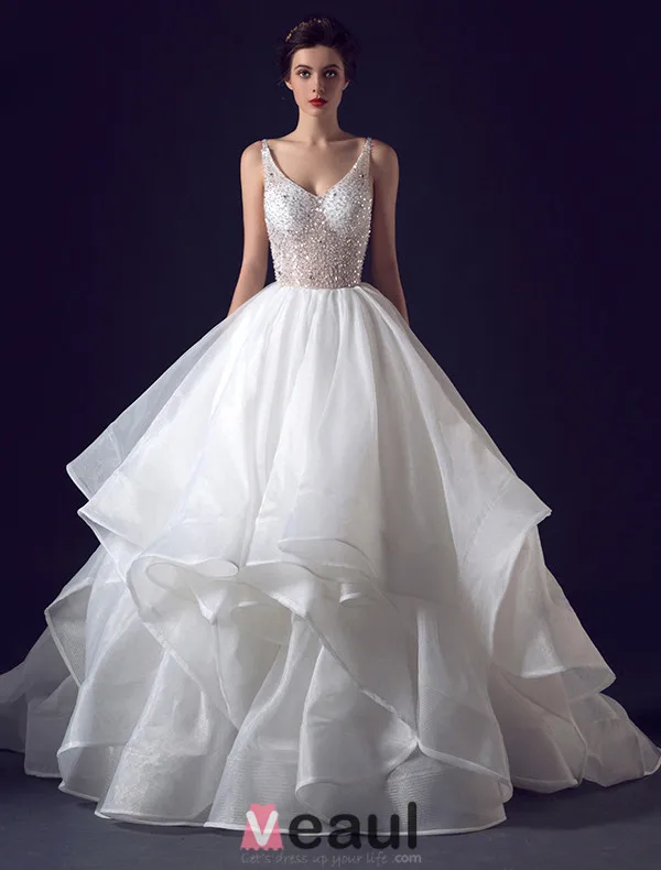 2016 Sexy Robe De Bal Volants Paillettes V-cou Cascade Robe de mariée dos nu