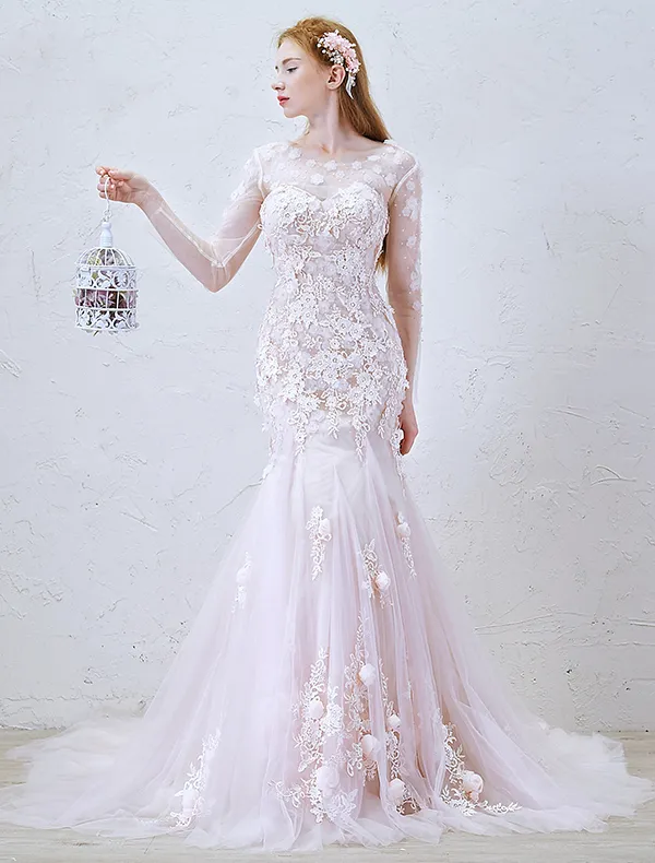 2016 Mermaid Gorgeous Scoop Neckline Applique Lace Flowers Long Sleeves Backless Pink Tulle Wedding Dress