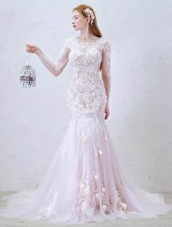 2016 Zeemeermin Prachtige Ronde Hals Applique Kant Bloemen Lange Mouwen Backless Roze Tule Trouwjurk