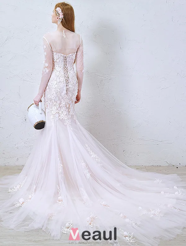 2016 Mermaid Gorgeous Scoop Neckline Applique Lace Flowers Long Sleeves Backless Pink Tulle Wedding Dress