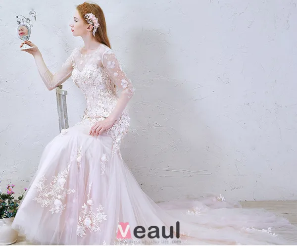2016 Mermaid Gorgeous Scoop Neckline Applique Lace Flowers Long Sleeves Backless Pink Tulle Wedding Dress