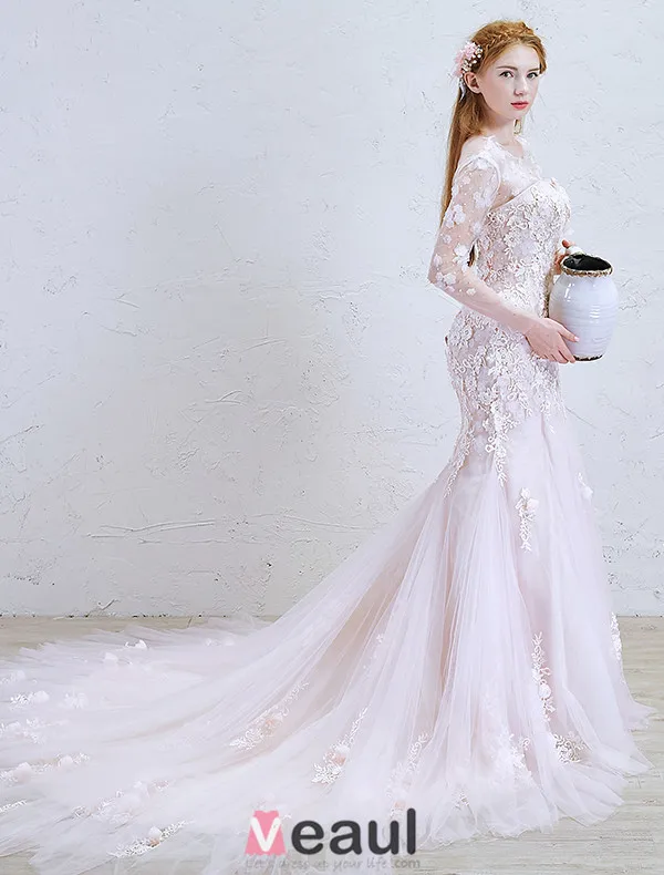 2016 Mermaid Gorgeous Scoop Neckline Applique Lace Flowers Long Sleeves Backless Pink Tulle Wedding Dress