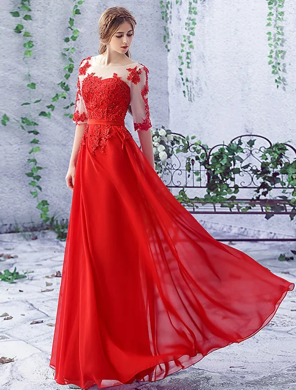 2016 Elegant Scoop Neck Applique Lace 1/2 Sleeves Red Chiffon Long