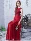 2016 Einfache Halsausschnitt Applique Dicken Spitzen Burgunder Satin Rückenfrei Langen Abendkleid Mit Silbernen Flügel