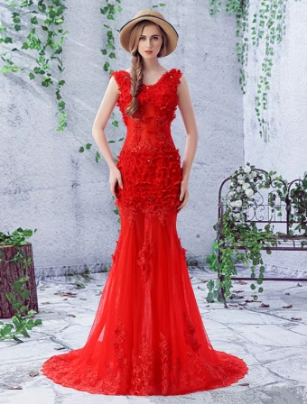 2016 Wunderschönen Meerjungfrau V Ausschnitt Rückenfrei Applikation Blatt Spitze Mit Perlen Strass Rotem Tüll Abendkleid