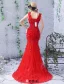 2016 Gorgeous Mermaid V-neck Backless Applique Petal Lace Beading Rhinestone Red Tulle Evening Dress