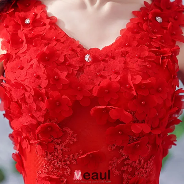 2016 Gorgeous Mermaid V-neck Backless Applique Petal Lace Beading Rhinestone Red Tulle Evening Dress