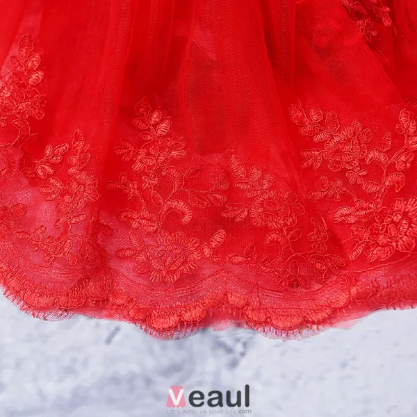 2016 Gorgeous Mermaid V-neck Backless Applique Petal Lace Beading Rhinestone Red Tulle Evening Dress