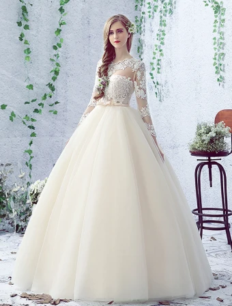 2016 Gorgeous Ball Gown Lace Neckline Pierced Design Backless Champagne Tulle Wedding Dress With Bow Sash