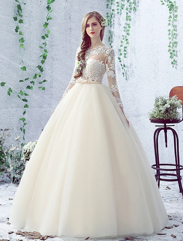 2016 Gorgeous Ball Gown Lace Neckline Pierced Design Backless Champagne Tulle Wedding Dress With Bow Sash