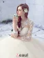 2016 Gorgeous Ball Gown Lace Neckline Pierced Design Backless Champagne Tulle Wedding Dress With Bow Sash