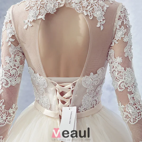 2016 Gorgeous Ball Gown Lace Neckline Pierced Design Backless Champagne Tulle Wedding Dress With Bow Sash