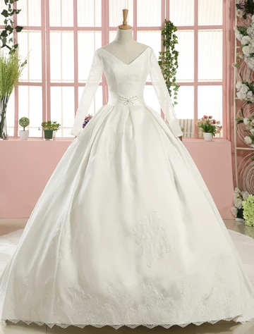 2016 Gorgeous Ball Gown V Neck Long Sleeves Applique Lace Backless White Satin Wedding Dress With 1 M Tailing
