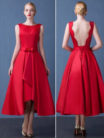 2016 Mode Halsringning Pärlstav Backless Röd Tjock Satin Festklänning Med Skärp