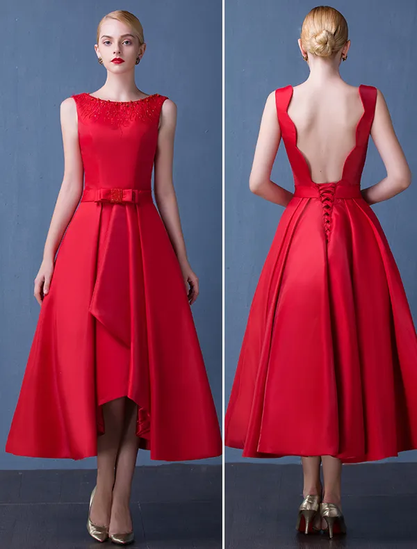 2016 Fashion Scoop Neckline Beaded Backless Red Thick Satin Party Dress With Sash