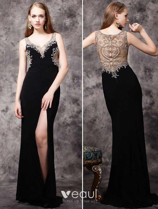 2016 Luxury Handmade Beading Deep V-neck Backless Black Chiffon Evening  Dress