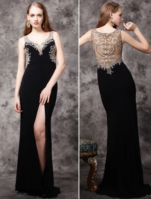 2016 Lyxiga Handgjorda Beading Djup V Ringad Backless Svart Chiffong Aftonklänning