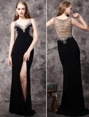 2016 Luxe Handgemaakte Kralen Diepe V Hals Backless Zwarte Chiffon Avondjurk