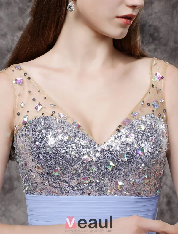 2016 Glittrande V-ringad Paljetter Beading Rhinestonekristallen Rufsa Blå Chiffong Balklänningar