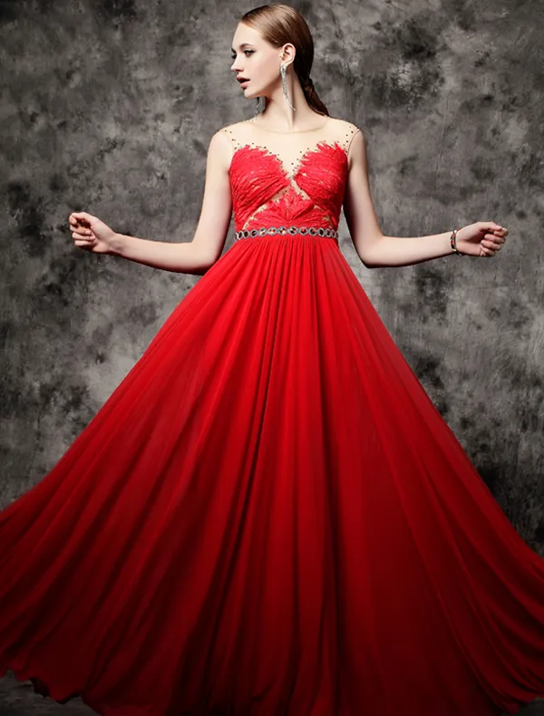 2016 Sexy Scoop Neckline Applique Feather Lace Beading Rhinestone Sash Backless Red Evening Dress