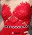 2016 Sexig Halsringning Applique Fjäder Spets Beading Rhinestone Skärp Backless Röd Aftonklänning