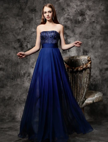 2016 Glinsterende Pailletten Strapless Ruche Koningsblauw Chiffon Ruglooze Prom Dress