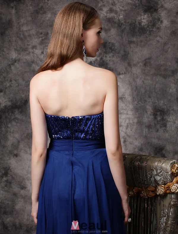 2016 Glittrande Axelbandslös Paljett Rufsa Kungsblå Chiffong Backless Balklänning