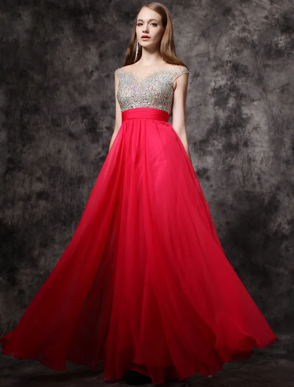 2016 Sparkly Sequin Scoop Neck Backless Red Chiffon Prom Dress