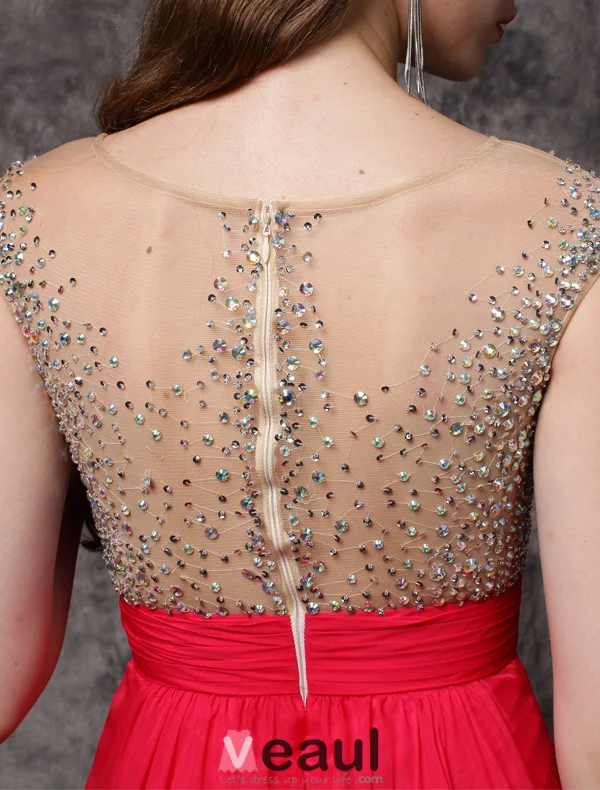 2016 Glittrig Paljett Urringning Backless Röd Chiffong Balklänning