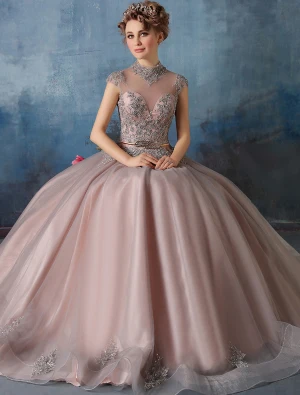 2016 Elegant Høy Hals Applique Glitter Cameo Brun Organza Ballkjole Med Metall Blad Sash