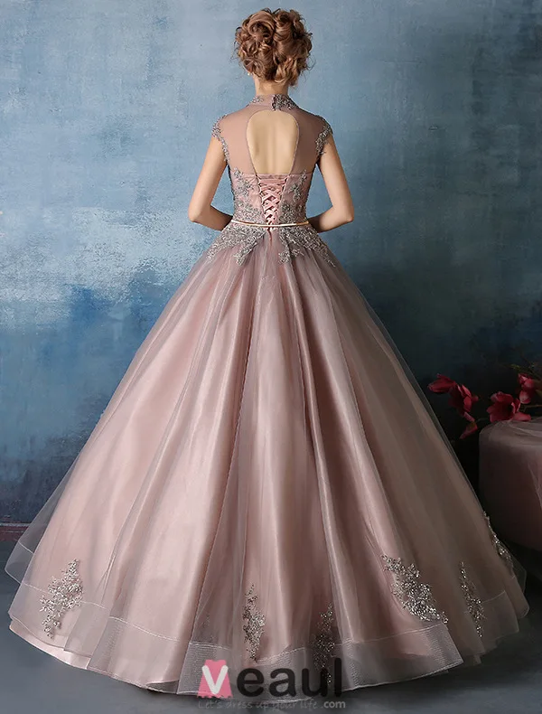 2016 Elegant High Neck Applique Glitter Lace Cameo Brown Organza Prom Dress With Metal Leaf Sash
