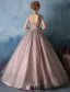 2016 Elegant High Neck Applique Glitter Lace Cameo Brown Organza Prom Dress With Metal Leaf Sash