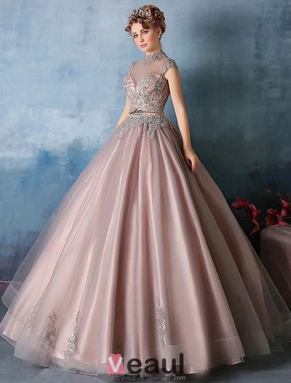 2016 Elegant High Neck Applique Glitter Lace Cameo Brown Organza Prom Dress With Metal Leaf Sash