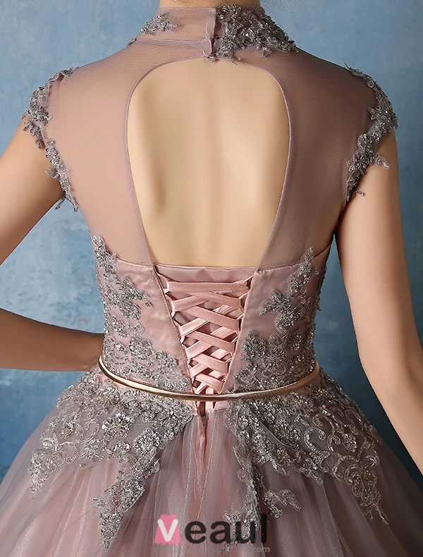 2016 Elegant High Neck Applique Glitter Lace Cameo Brown Organza Prom Dress With Metal Leaf Sash
