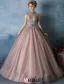 2016 Elegant High Neck Applique Glitter Lace Cameo Brown Organza Prom Dress With Metal Leaf Sash