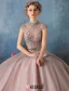 2016 Elegant High Neck Applique Glitter Lace Cameo Brown Organza Prom Dress With Metal Leaf Sash