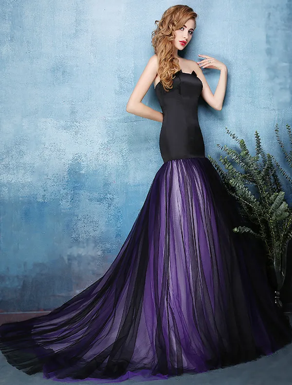 2016 Stylish Mermaid Strapless Black Satin Purple Tulle Backless Evening Dress