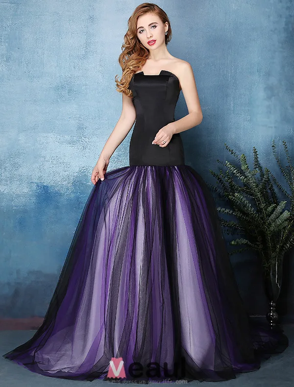 2016 Elegant Sjöjungfru Axelbandslös Svart Satin Lila Tyll Backless Aftonklänningar