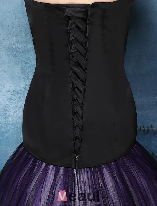 2016 Elegant Sjöjungfru Axelbandslös Svart Satin Lila Tyll Backless Aftonklänningar