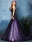 2016 Elegant Sjöjungfru Axelbandslös Svart Satin Lila Tyll Backless Aftonklänningar