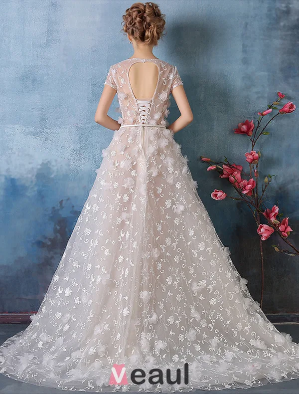 2016 Gorgeous Square Neckline Beaded Applique Petals Champagne Lace Wedding Dress With Sash