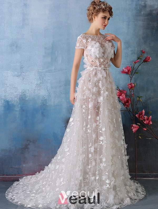 white christmas dresses Tea length Lace Wedding Dress Champagne Half Sleeves-Bridelily main image 0