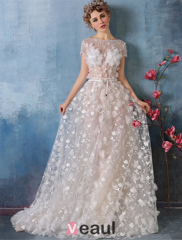2016 Wunderschönen Quadratischen Ausschnitt Perlen Applikationen Blätter Champagner Spitze Brautkleid Mit Schärpe