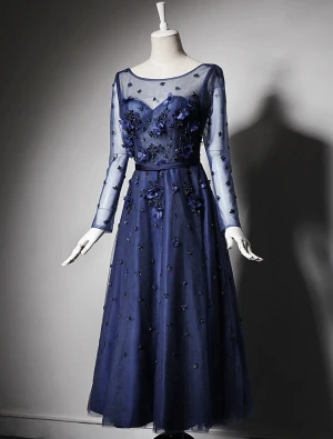 2016 Vakre A Linje Scoop Hals Te Lengde Applique Blomst Paljett Kongeblå Tyll Festkjole Med Sash