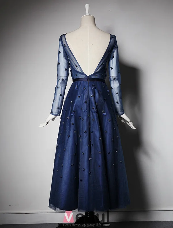 2016 Beautiful A-line Scoop Neck Tea Length Applique Flower Sequin Royal Blue Tulle Party Dress With Sash