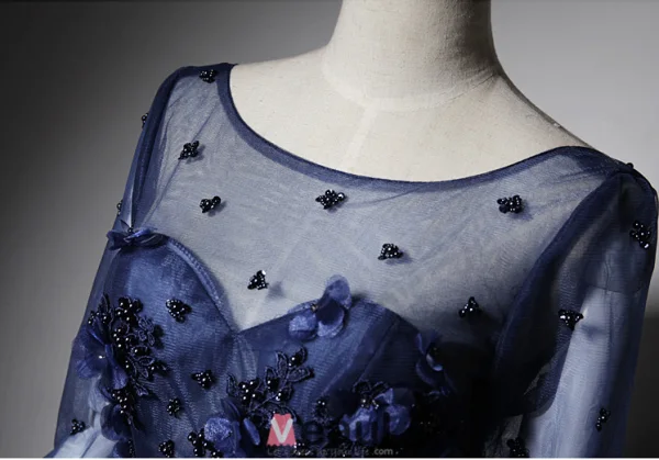 2016 Beautiful A-line Scoop Neck Tea Length Applique Flower Sequin Royal Blue Tulle Party Dress With Sash