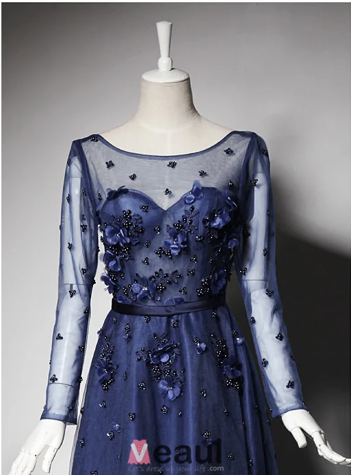 2016 Beautiful A-line Scoop Neck Tea Length Applique Flower Sequin Royal Blue Tulle Party Dress With Sash