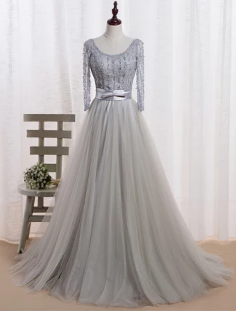 Evening Dress 2016 Glamorous Scoop Neckline Beaded Sequins Grey Tulle Long Evening Dress With Bow Sash