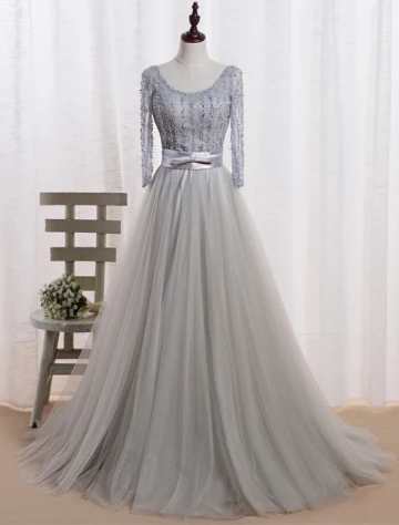 Robe De Soirée 2016 Paillettes Glamour Encolure De Perles Tulle Gris Robe De Soirée Longue Avec Un Noeud Guillotine