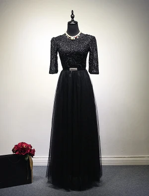 Selskapskjoler 2016 Elegant Scoop Halsen Glitter Svart Tyll Lang Kveld Selskapskjoler Med Belte